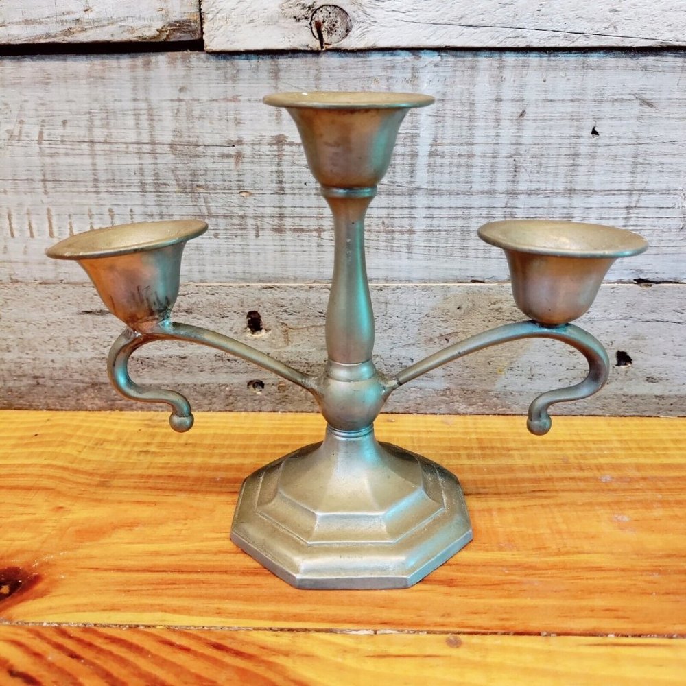 Vintage Pewter Candelabra 3 Arm Candle Holder Candlestick Small Made in France